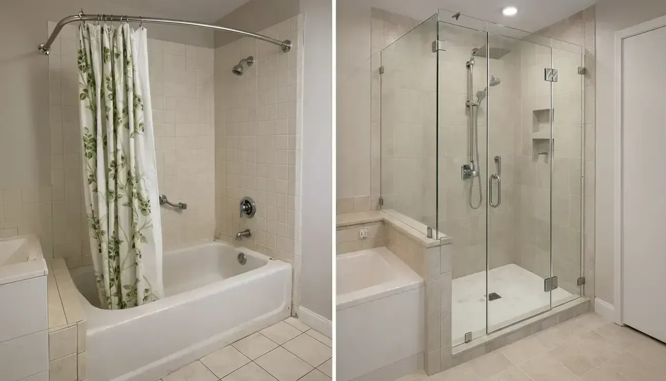 Bright white bathroom with a bathtub, glass shower enclosure, and green shower curtain.