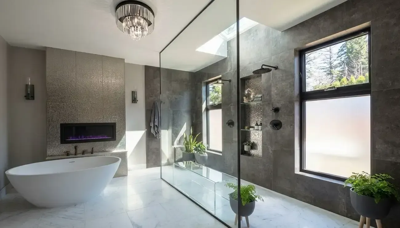 Modern bathroom with freestanding tub, glass shower, dark tile walls, and large window.
