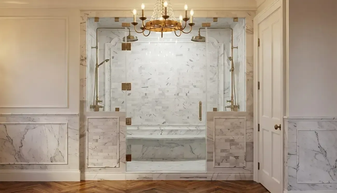 Elegant marble bathroom with glass shower enclosure, chandelier, and white paneled walls