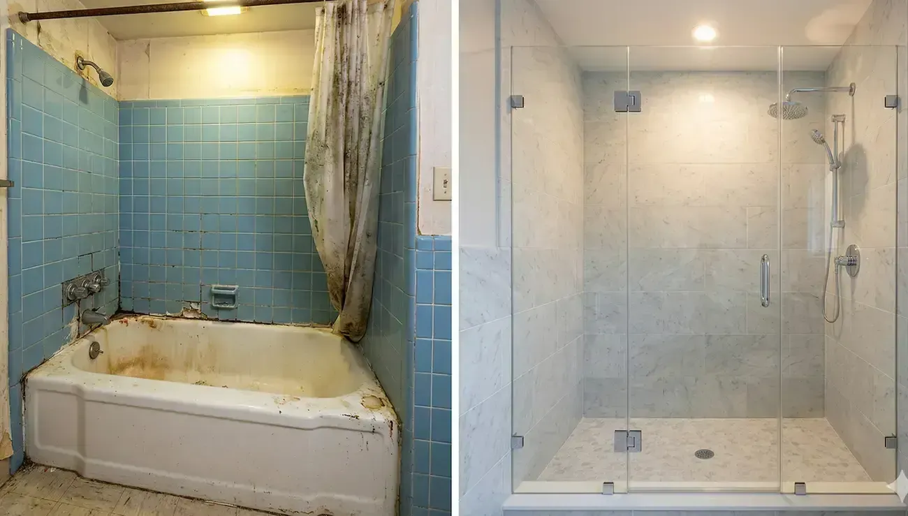Dated tub-and-shower bathroom before-and-after renovation, showing old blue tile and a modern glass shower.