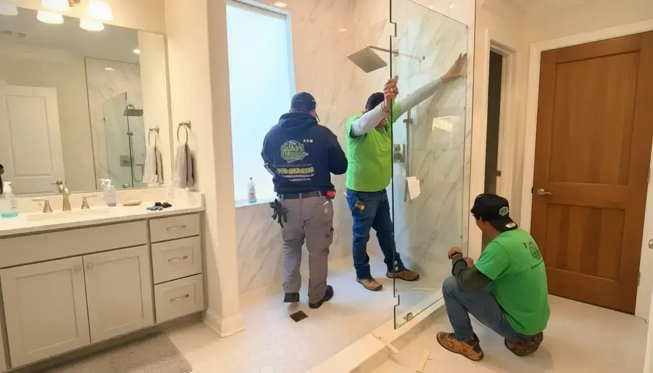 Three workers installing a glass shower enclosure in a bright bathroom.