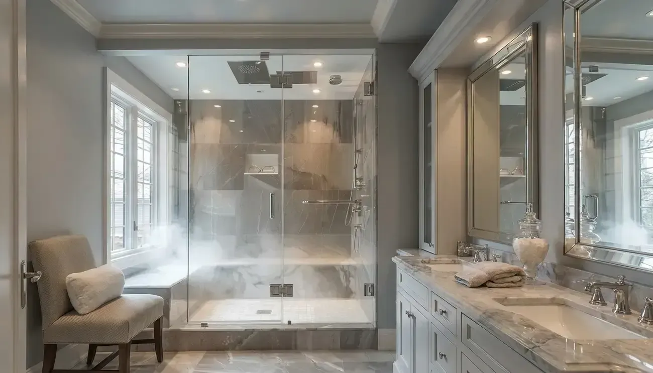 Luxurious bathroom with glass-enclosed shower, marble vanity, and beige seating in soft neutral tones