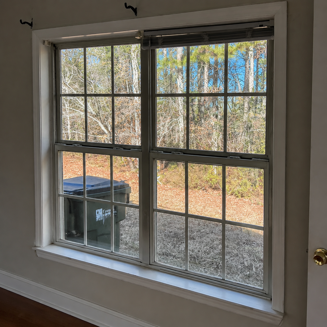 Interior window with white trim overlooking a yard and black trash bin