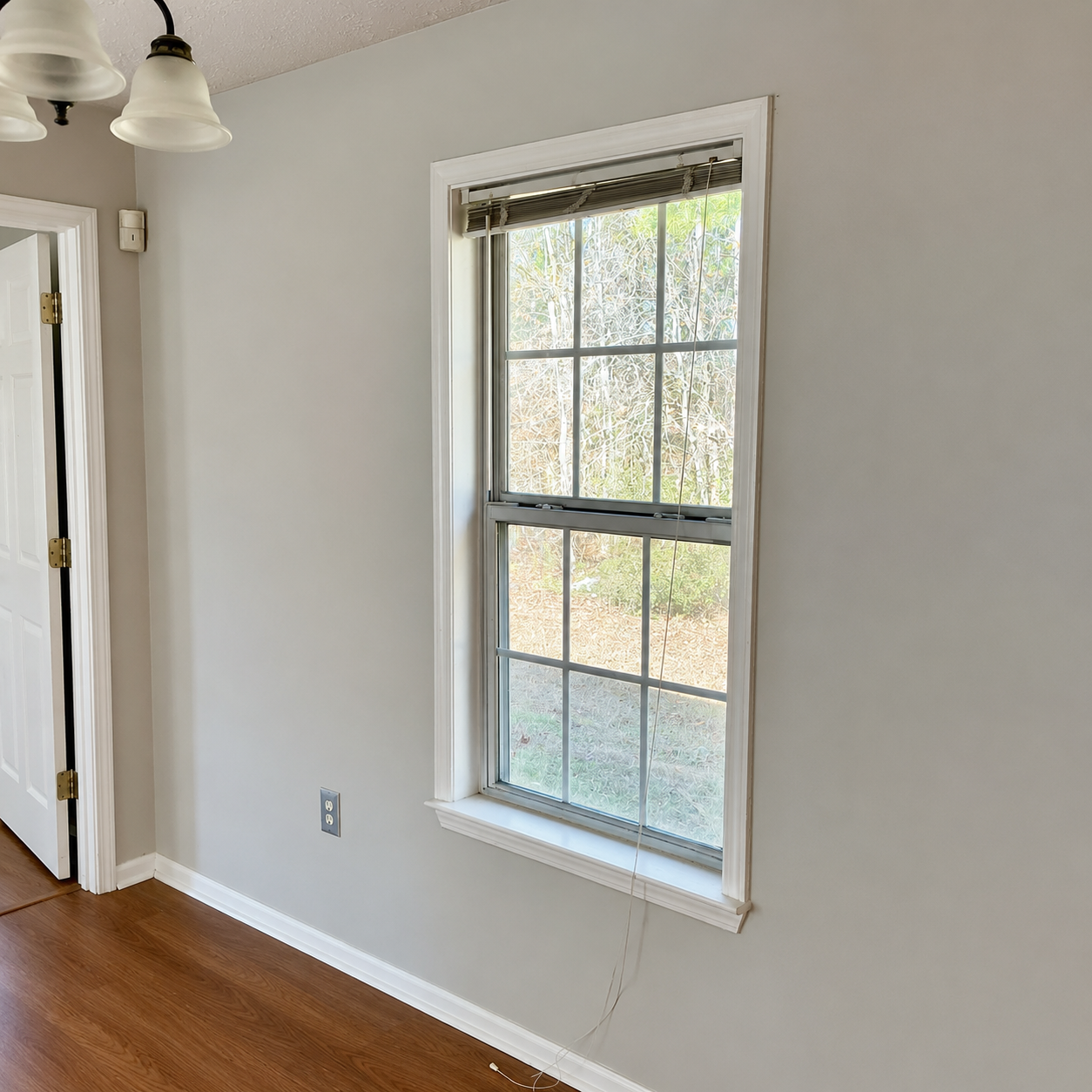 Empty room with hardwood floors, white walls, and a single window letting in daylight.