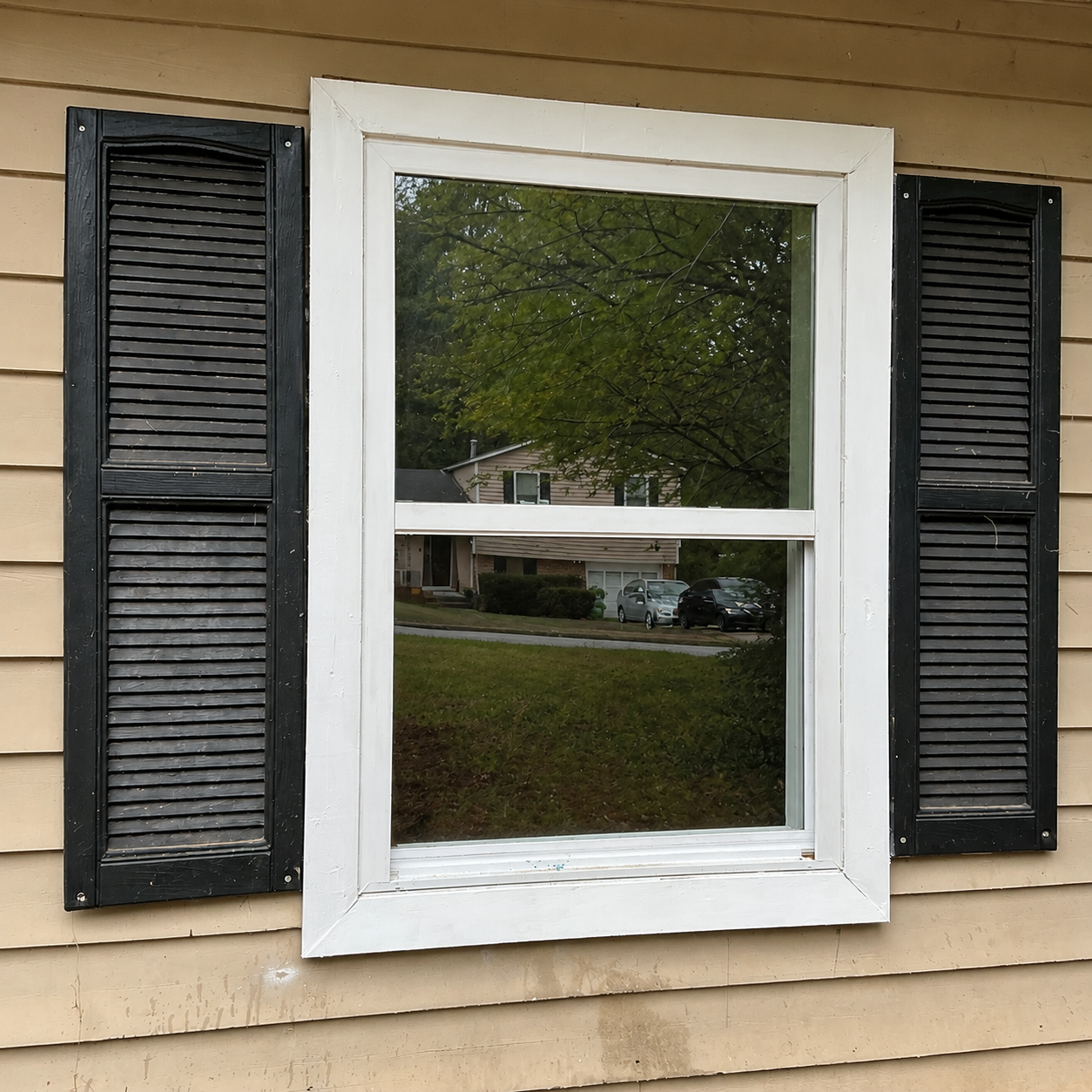 White window with black shutters on tan siding, reflecting a yard and house across the street.
