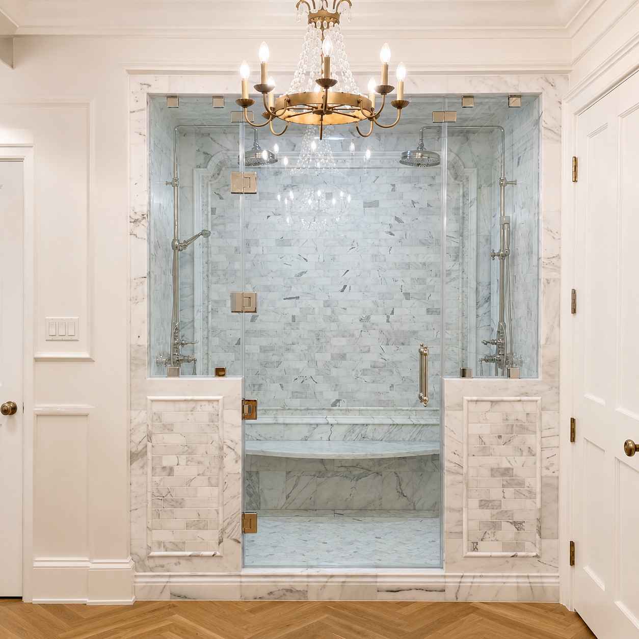 Elegant white bathroom with glass-enclosed marble shower and gold chandelier lighting
