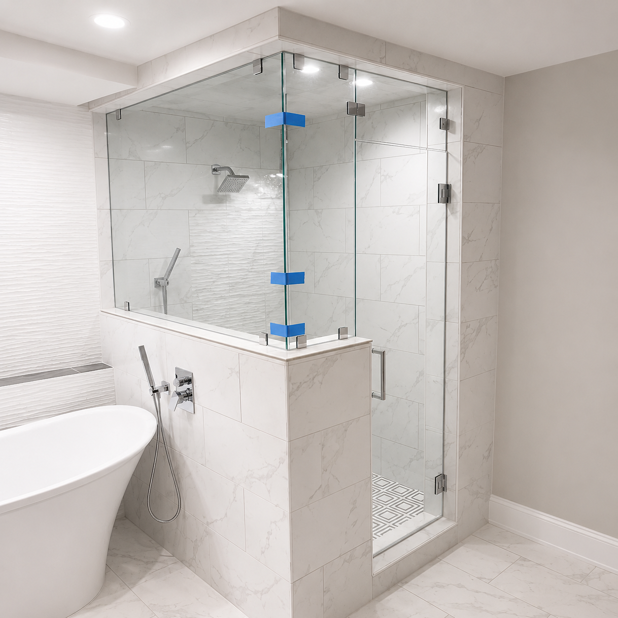 Modern bathroom with glass shower, marble walls, freestanding tub, and white tile flooring