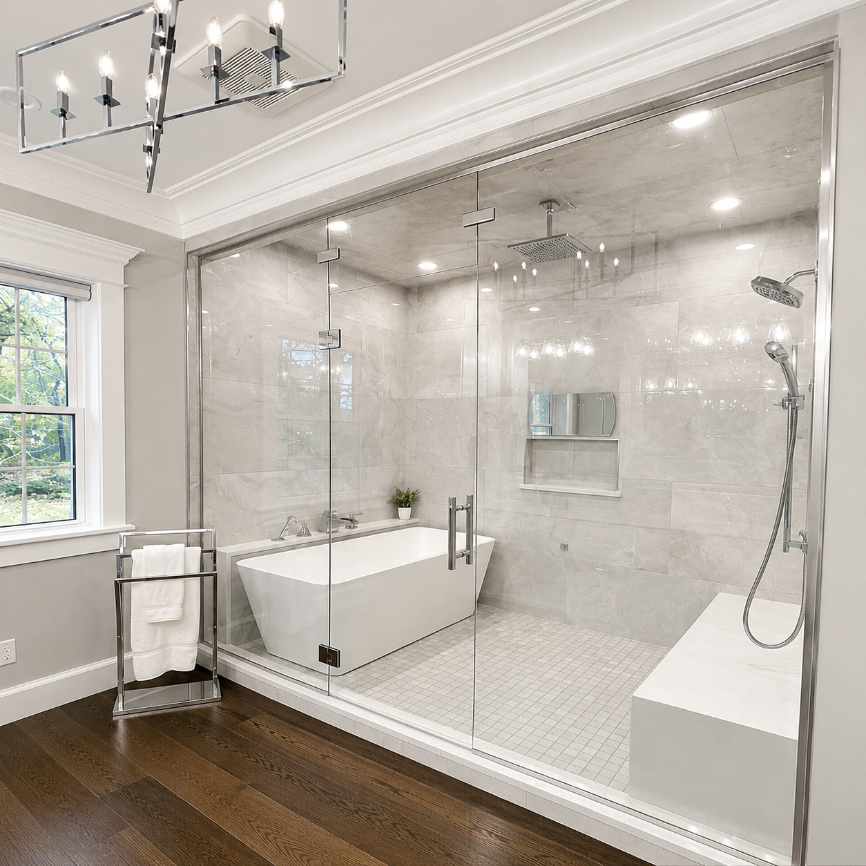 Bright marble bathroom with glass shower, freestanding tub, and large window