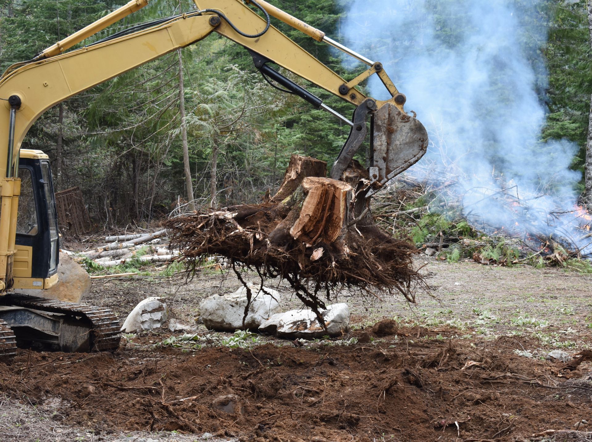 Excavator lifts uprooted tree roots amid smoke in a clearing.