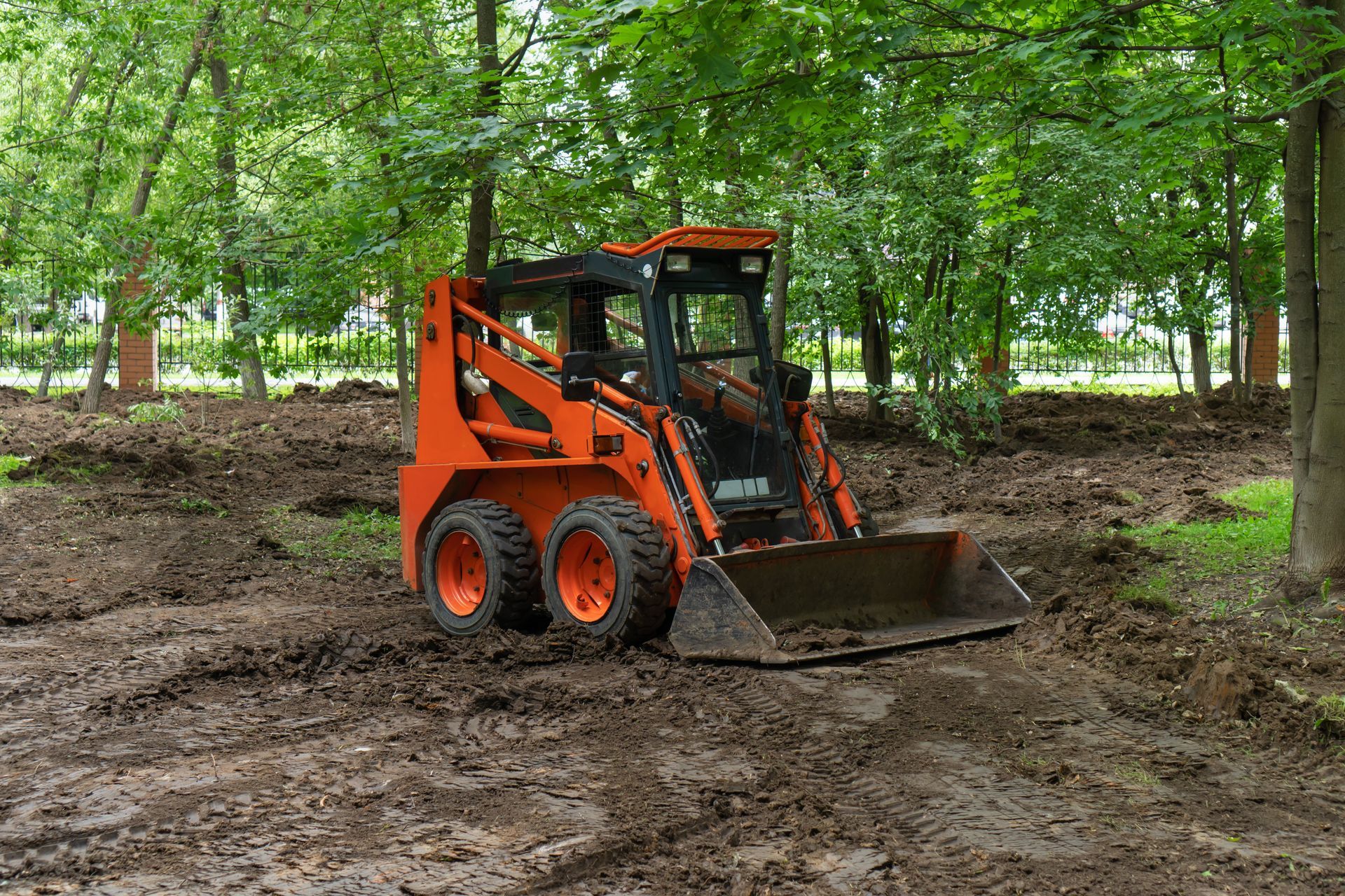 Orange skid steer loader in a muddy forest clearing, facing forward with its bucket lowered.