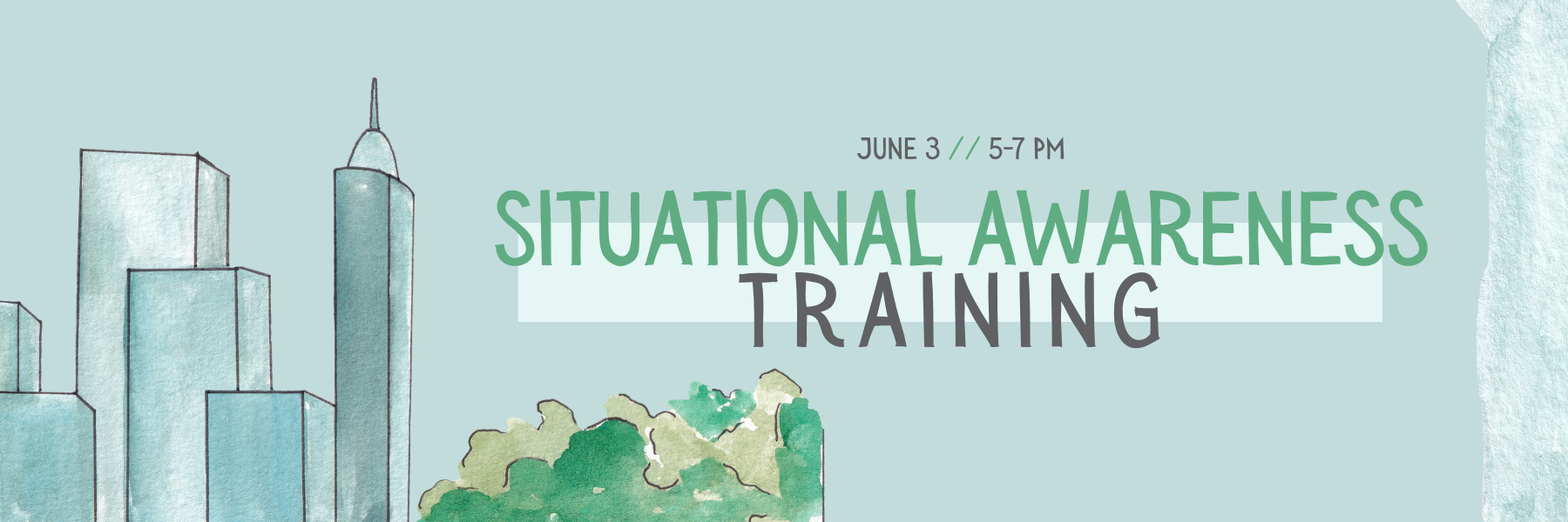 Banner reading “Situational Awareness Training” over a pale blue cityscape and greenery illustration.