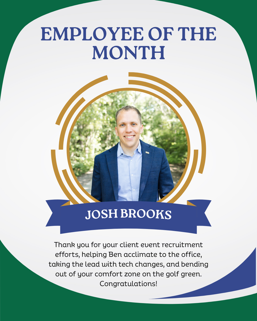 Employee of the Month poster with a portrait of Josh Brooks on a blue-and-gold design.