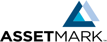 AssetMark logo: dark blue triangle and light blue overlapping triangle above black text.