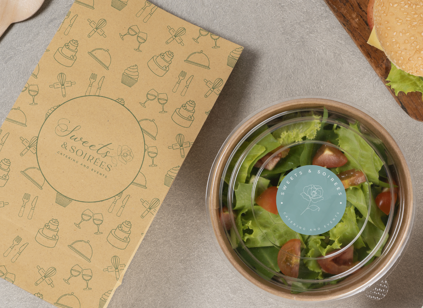 Takeout back and Salad with Sweets & Soirees Logo