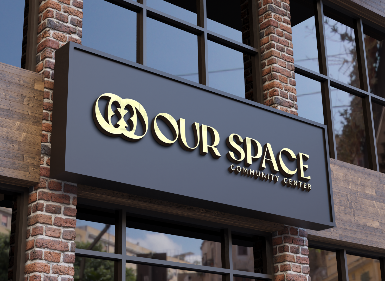 A sign on the side of a building that says our space