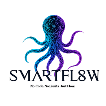 Purple-blue octopus logo above “SMARTFL8W” text with tagline “No Code. No Limits Just Flow.”