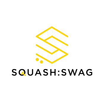 Yellow geometric “S” logo above the text “SQUASH:SWAG” on a white background