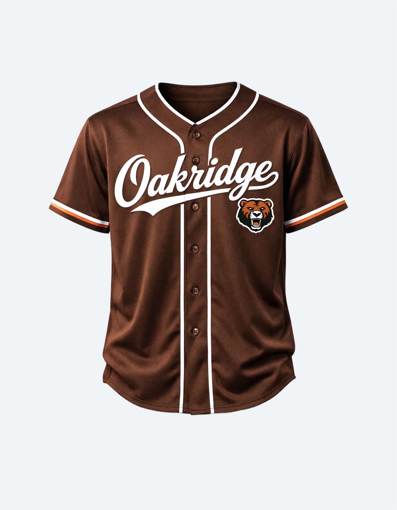 Brown Oakridge baseball jersey with white script lettering and orange trim