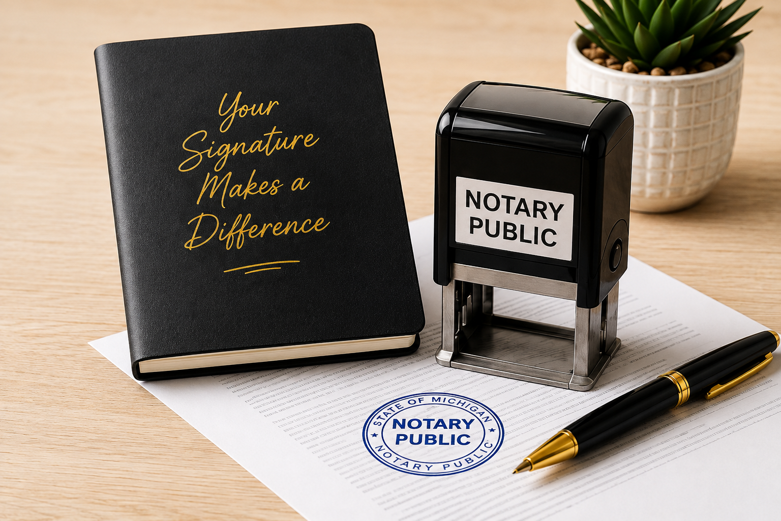 Notary public stamp, notebook, documents, pen, and plant