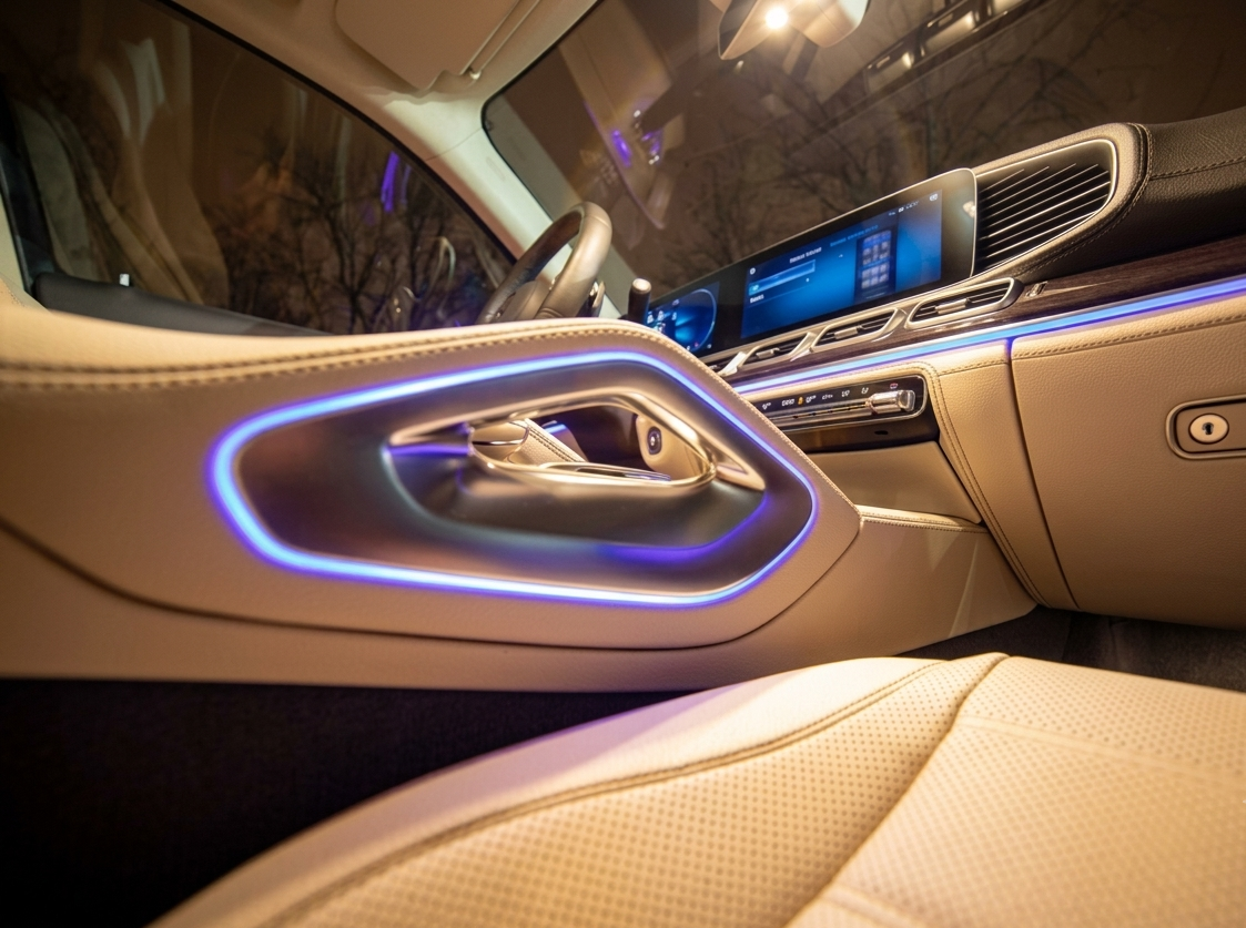Interni di lusso con sedili in pelle beige, luci ambientali blu brillanti e cruscotto digitale.