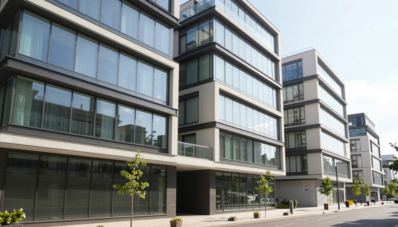 Moderni edifici per uffici in vetro che si affacciano su una tranquilla strada urbana in una giornata di sole.