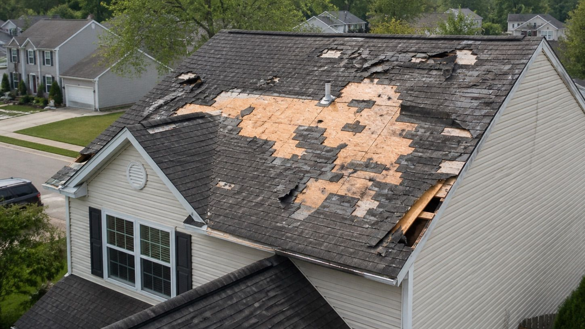 Roof with widespread damaged shingles and missing patches on a suburban house