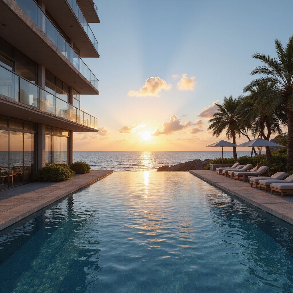 A pool overlooking the ocean at sunset, next to a modern building and palm trees.