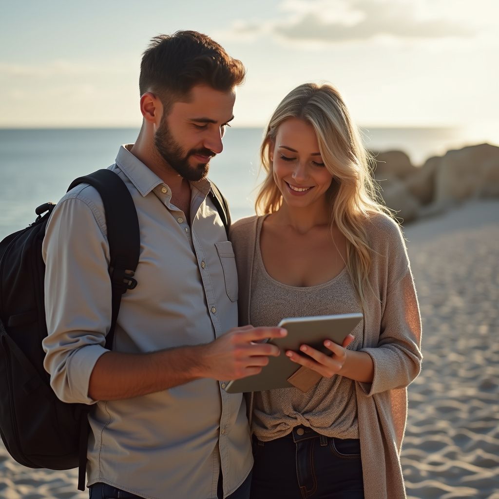 Couple on beach looks at a tablet; the man has a backpack; ocean in the background.