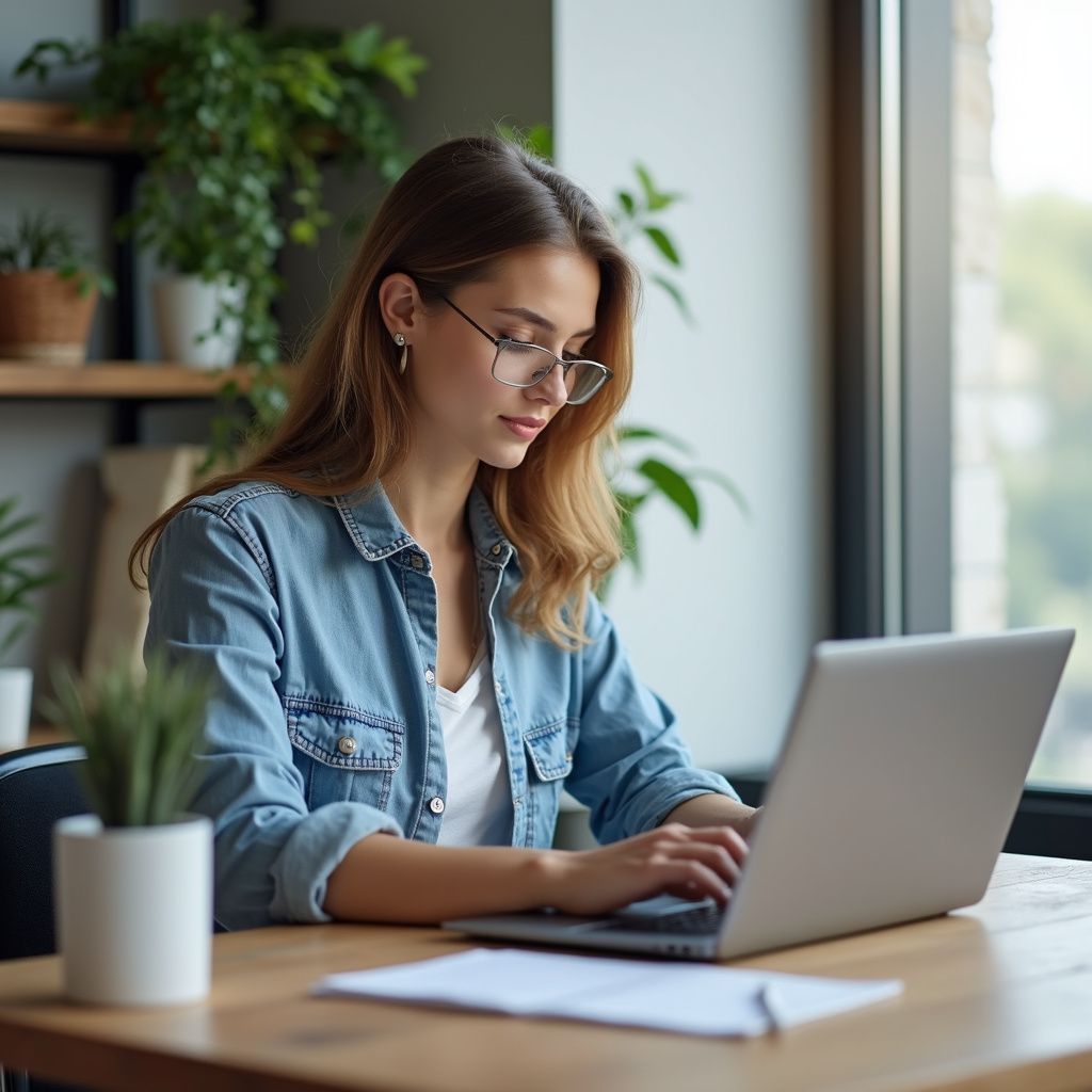 Woman in glasses typing on a laptop at a desk near a window and plants.