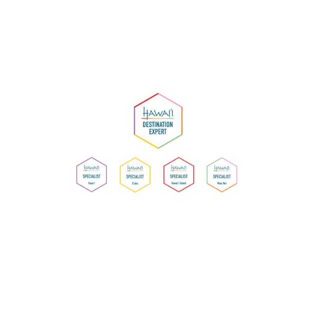 Logos: Hawaii Destination Expert with hexagon-shaped specialist icons for travel, Italy, Switzerland, and Bora Bora.