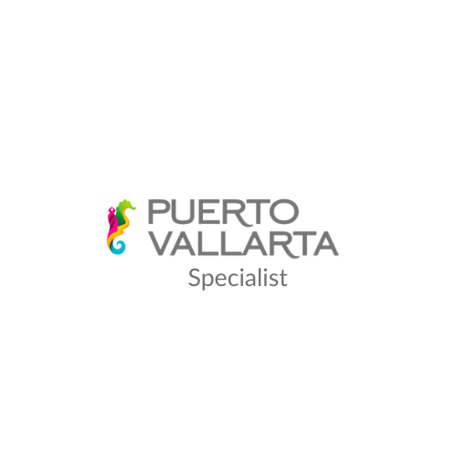 Logo for Puerto Vallarta Specialist with a colorful seahorse and text.