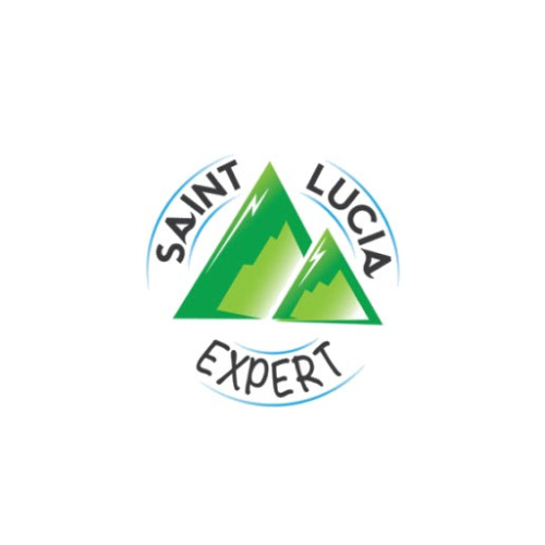 Logo for Saint Lucia Expert: green mountain peaks inside a blue circle with the words 
