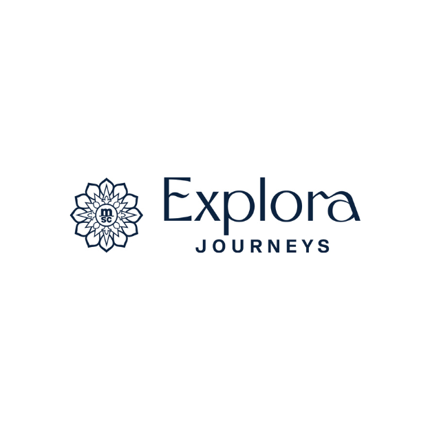 Explora Journeys logo with a floral design and navy text on a white background.