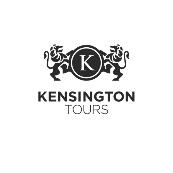 Logo for Kensington Tours: Black lions flanking a circle with 
