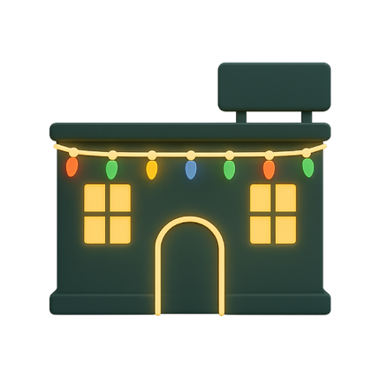 Green building decorated with string lights, glowing windows, and an arched doorway.