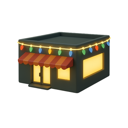 Black cartoon store with awning, string lights, and lit windows.