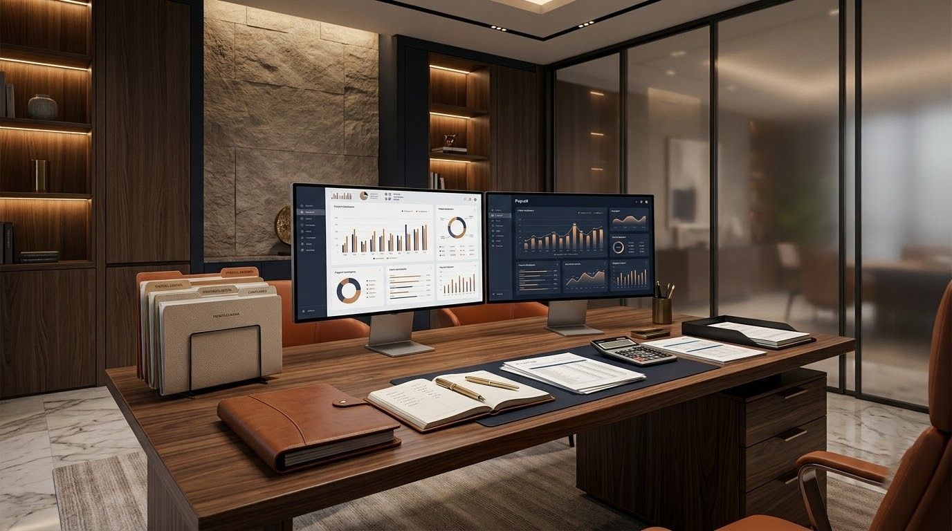 Modern conference room with large screens displaying charts and documents on a wooden table