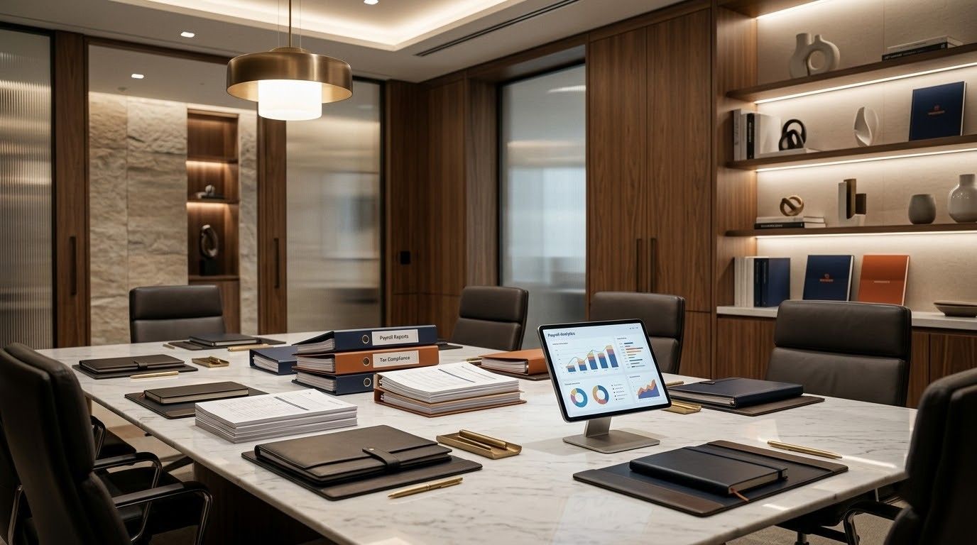Modern conference room with a marble table, laptop, notebooks, and built-in shelving in warm wood tones