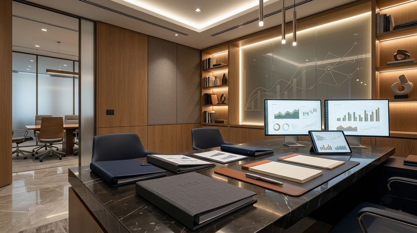 Modern executive office with a large black desk, leather chair, wood paneling, and dual monitors.