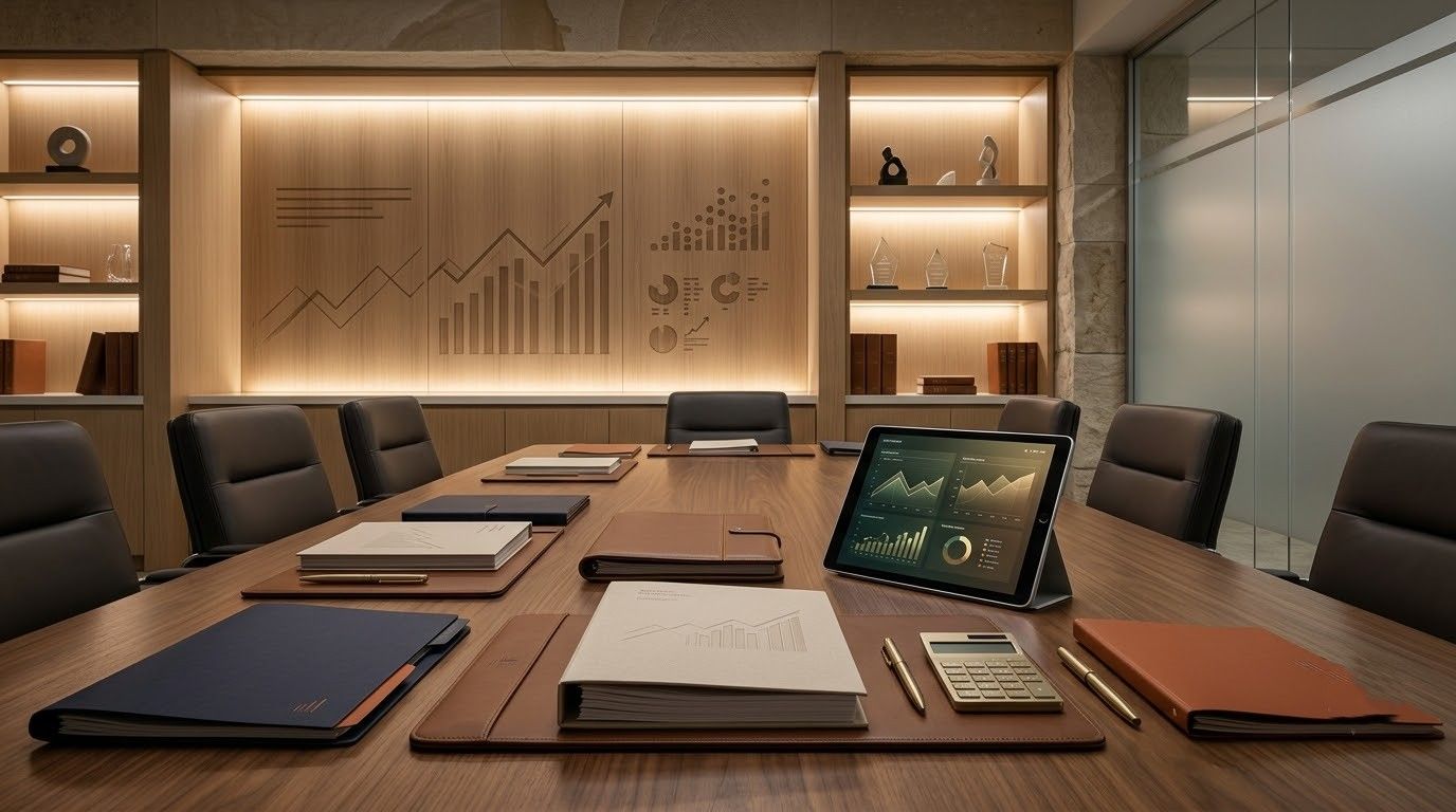 Modern conference room with wooden table, laptops, notebooks, and wall chart display
