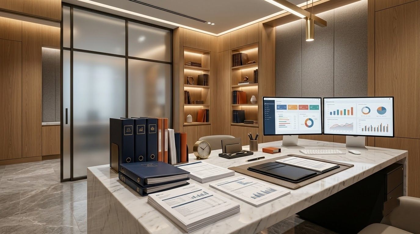 Modern office desk with dual monitors, laptop, documents, and shelves in a sleek wood-paneled meeting room