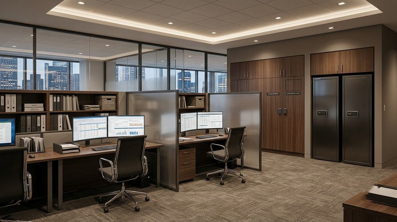 Modern office with computer workstations, glass partitions, and wooden cabinets under recessed lighting