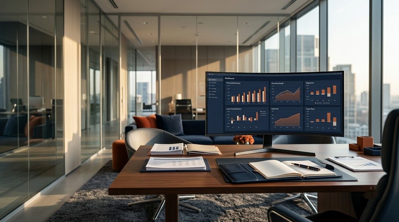Modern office conference room with a laptop, papers, and dual monitors showing charts on a wooden table