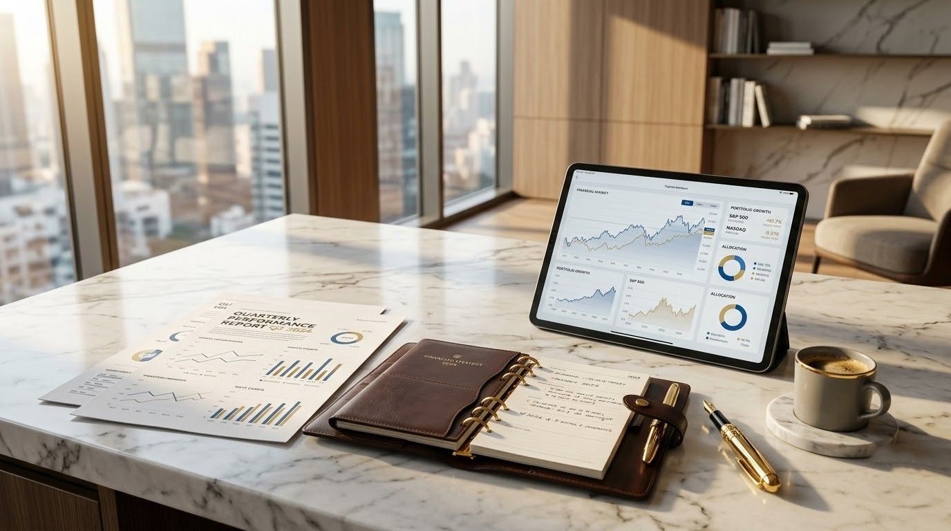 Modern desk with notebook, laptop displaying charts, coffee mug, and city view through large windows