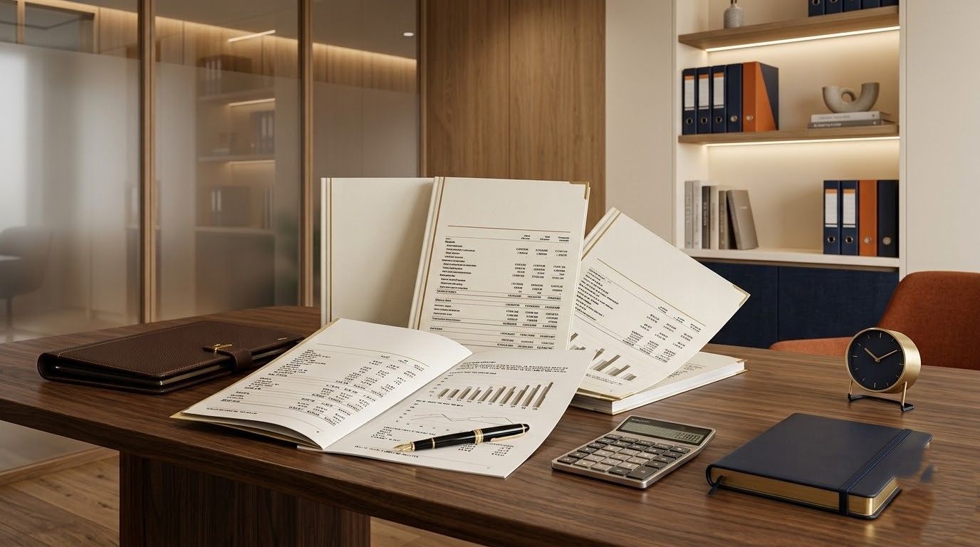 Open sheet music on a wooden desk in a modern study with warm lighting and bookshelves