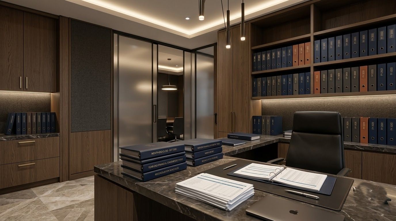 Modern executive office with dark wood desk, leather chair, bookshelves, and soft ambient lighting
