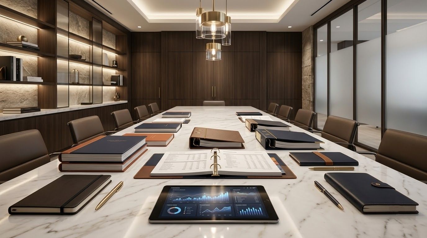 Modern conference room with a long table, tablets, notebooks, and dark wood walls