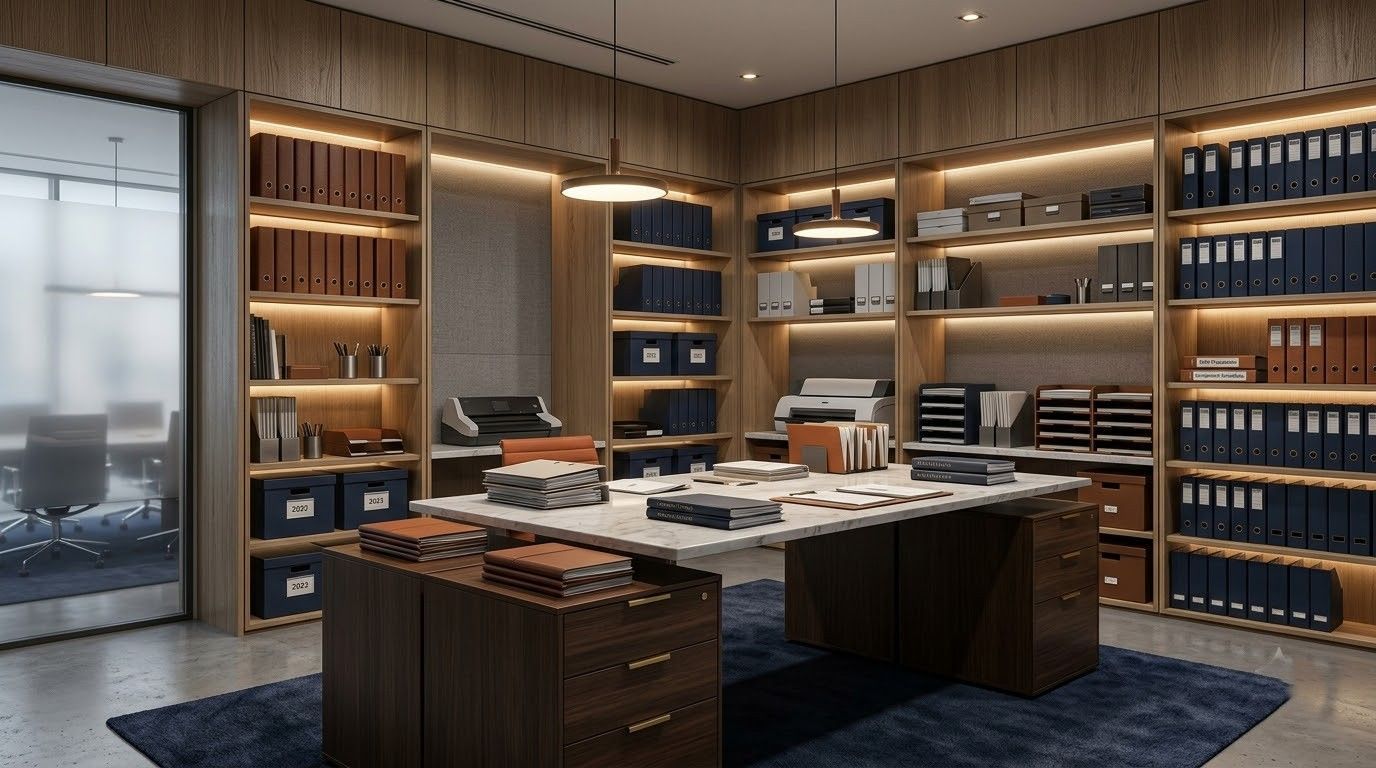 Modern office with a large wooden desk, shelves, books, and a city view through frosted glass.