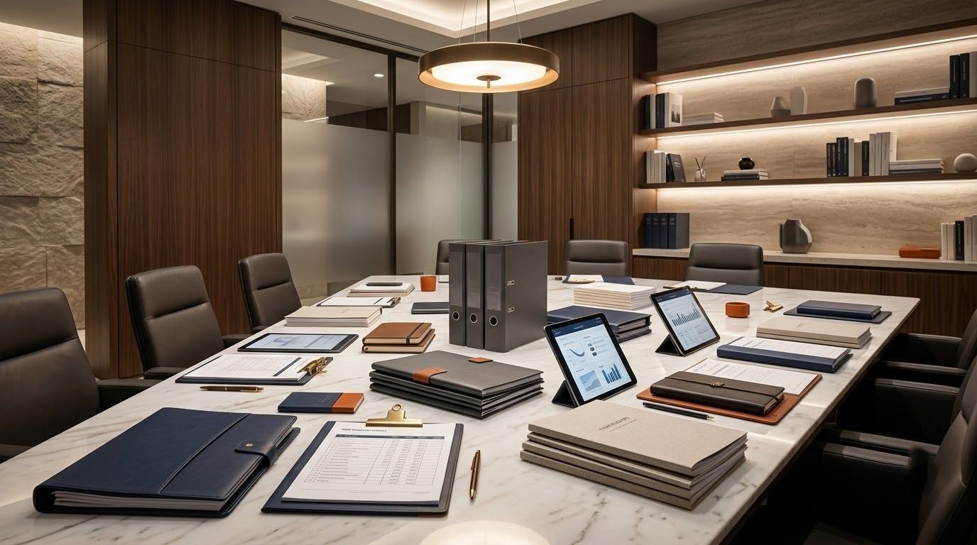 Modern conference room with a large table, tablets, notebooks, and stacks of documents under warm lighting