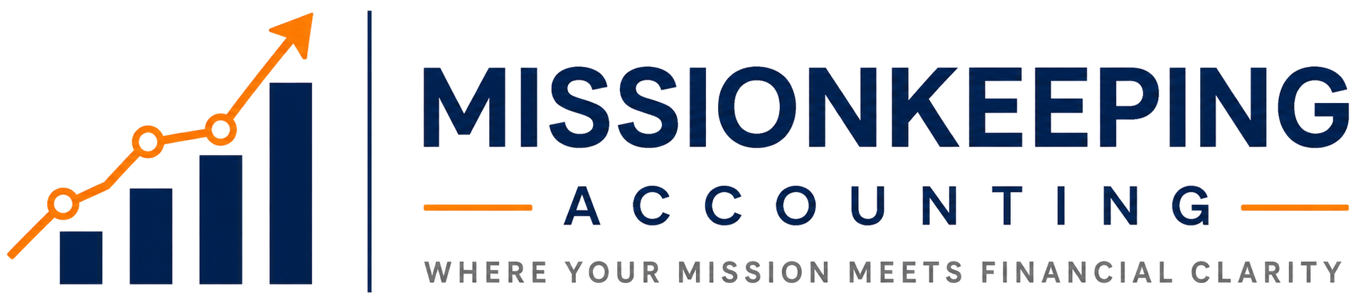 MissionKeeping Accounting logo with blue bars and an orange upward arrow, tagline &ldquo;Clear numbers. Stronger mission.&rdquo;